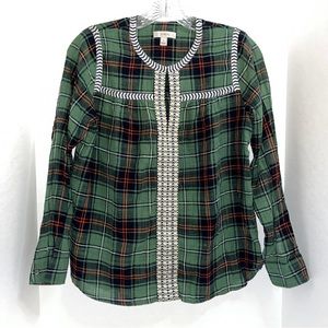 J. Crew top, 100% cotton, green plaid with patterned trim on front and back